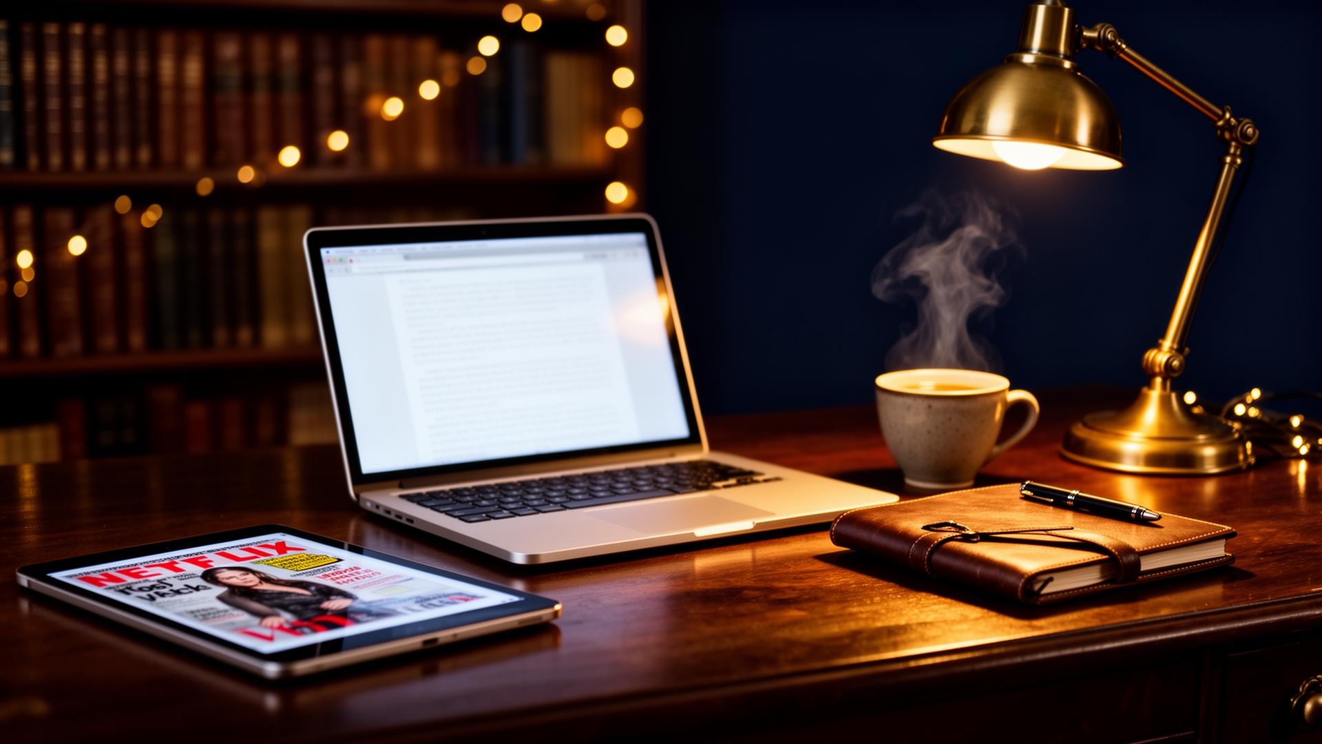 Bureau de lecture du soir avec laptop, tablette, tasse de café et lampe en laiton